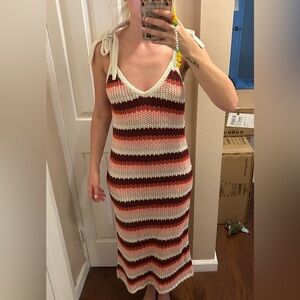 Zara Striped Knit Tie Strap Red Combo Midi Dress NWT